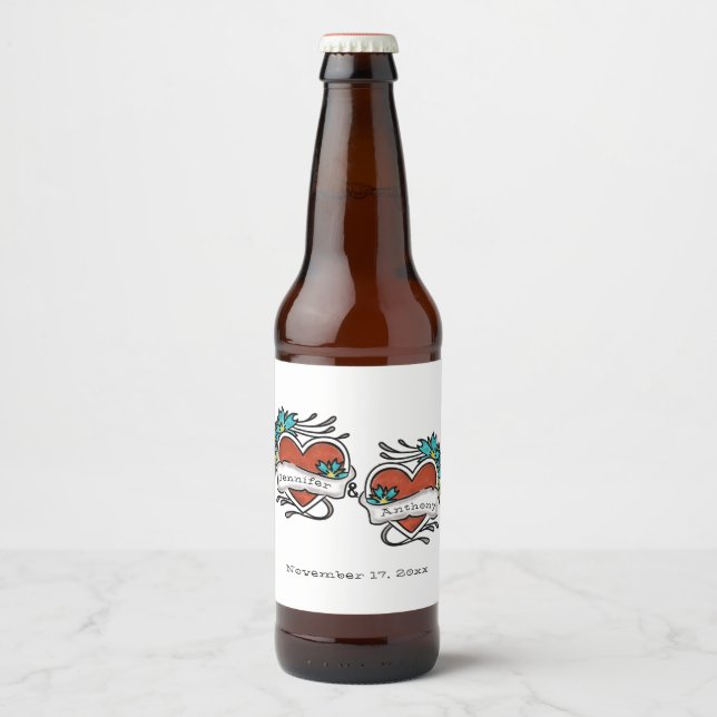 Tattooed Hearts, Tattoo Graphic Wedding Beer Bottle Label (Front)