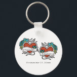 Tattooed Hearts, Tattoo Graphic Wedding Keychain<br><div class="desc">Create a custom wedding party favor or small gift with this keychain. It features tattoo style graphics with retro style hearts in red with blue flower accents that are ready to be personalized with the name of the bride and groom.</div>