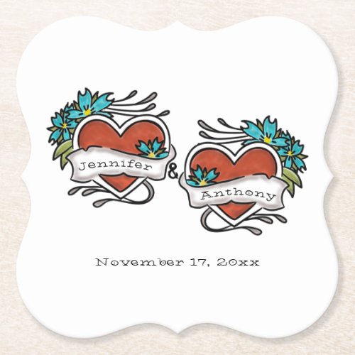 Tattooed Hearts Tattoo Graphic Wedding Paper Coaster