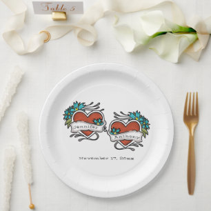 Tattooed Hearts, Tattoo Graphic Wedding Paper Plates