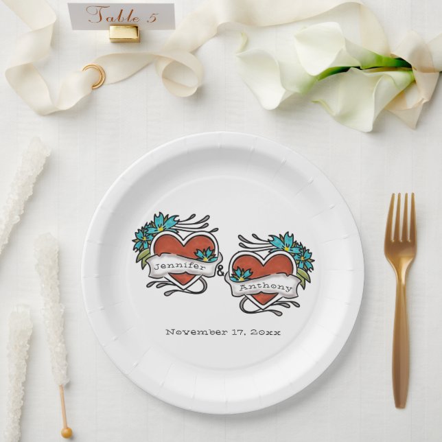 Tattooed Hearts, Tattoo Graphic Wedding Paper Plates (Wedding)