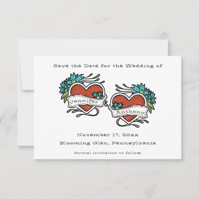 Tattooed Hearts, Tattoo Graphic Wedding Save The Date (Front)