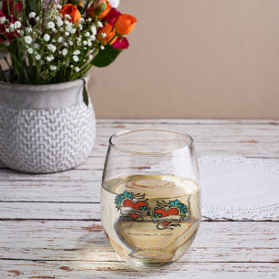 Tattooed Hearts, Tattoo Graphic Wedding Stemless Wine Glass