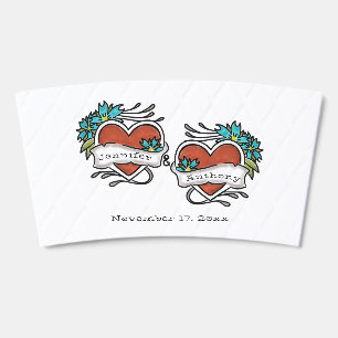 Tattooed Hearts, Tattoo Graphic with Names Wedding Coffee Cup Sleeve