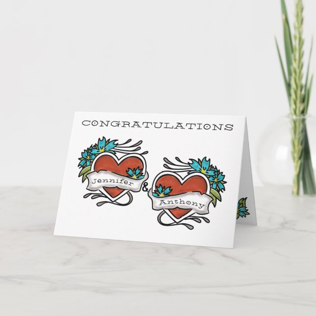 Tattooed Hearts, Tattoo Wedding Congratulations Card (Front)