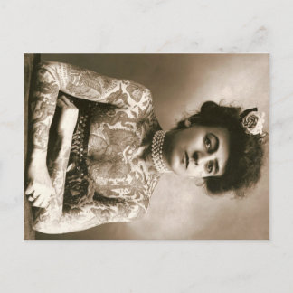 Tattooed Lady w/ Pearls Postcard Vintage Circus