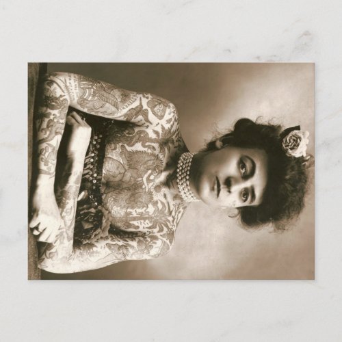 Tattooed Lady w Pearls Postcard Vintage Circus