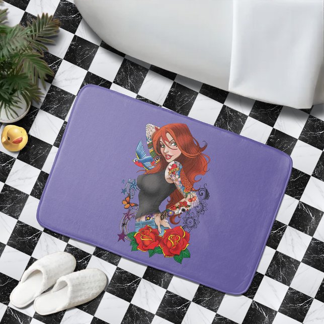 Tattooed Redhead Woman Sleeves Purple Bath Mat (Creator Uploaded)