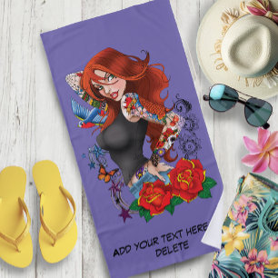 Tattooed Redhead Woman Sleeves Purple Beach Towel