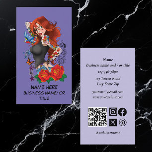 Tattooed Redhead Woman Sleeves Purple Business Card