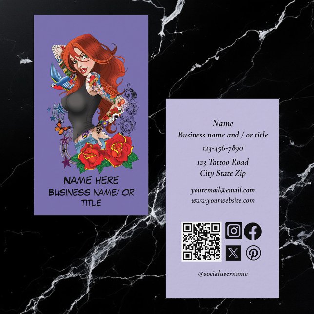 Tattooed Redhead Woman Sleeves Purple Business Card (Creator Uploaded)