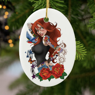 Tattooed Redhead Woman Sleeves Purple Ceramic Ornament