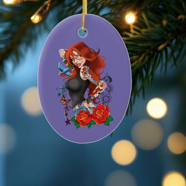 Tattooed Redhead Woman Sleeves Purple Ceramic Ornament (Creator Uploaded)