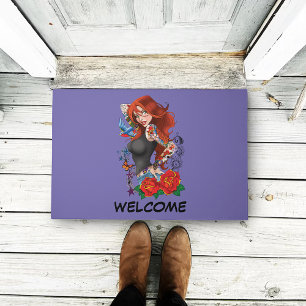 Tattooed Redhead Woman Sleeves Purple Doormat