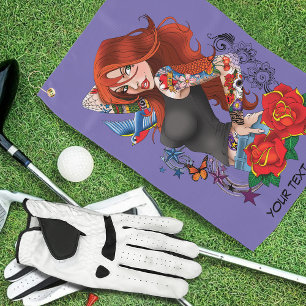 Tattooed Redhead Woman Sleeves Purple Golf Towel