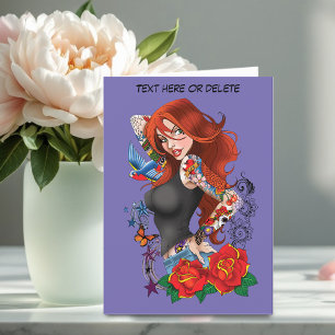 Tattooed Redhead Woman Sleeves Purple Holiday Card