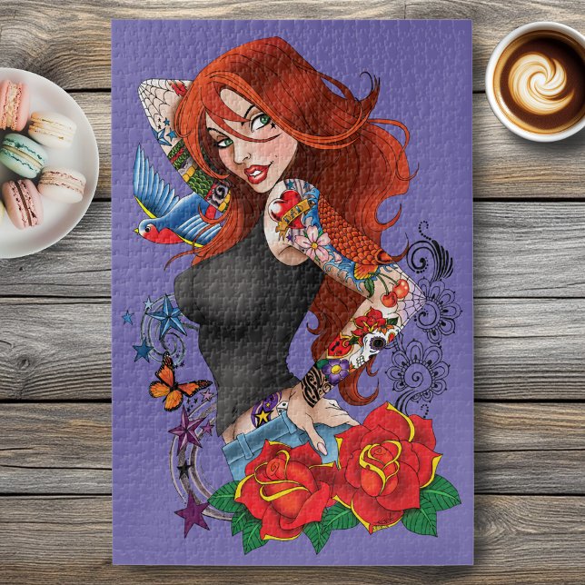 Tattooed Redhead Woman Sleeves Purple Jigsaw Puzzle (Creator Uploaded)