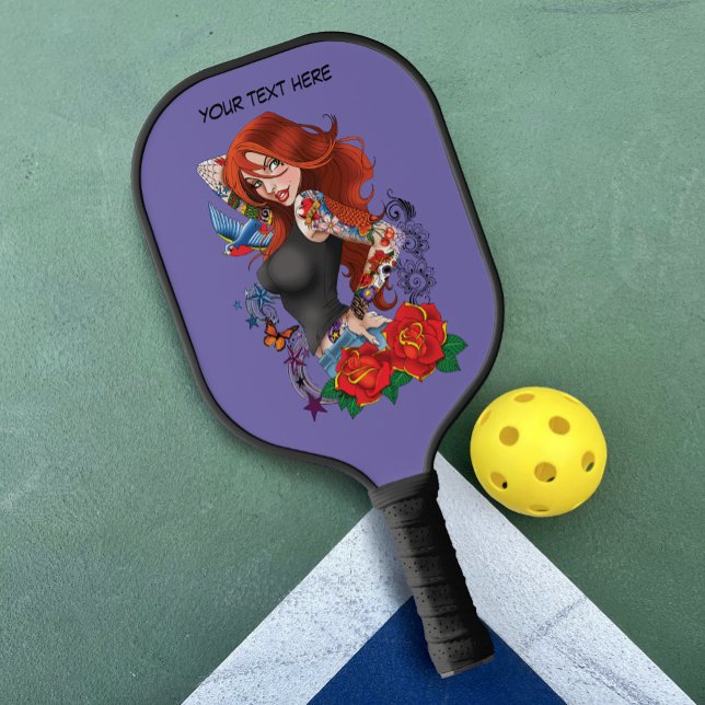Tattooed Redhead Woman Sleeves Purple Pickleball Paddle (Creator Uploaded)