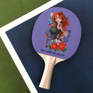 Tattooed Redhead Woman Sleeves Purple Ping Pong Paddle