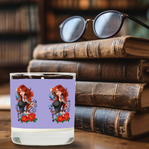 Tattooed Redhead Woman Sleeves Purple Scented Candle
