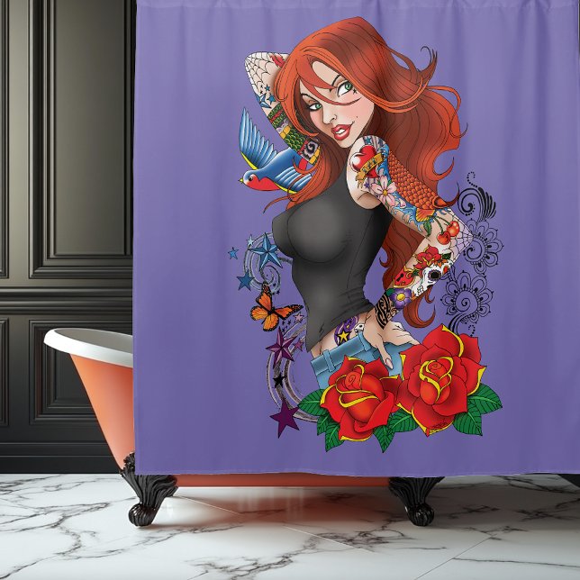 Tattooed Redhead Woman Sleeves Purple Shower Curtain (Creator Uploaded)