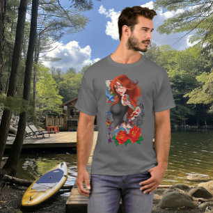 Tattooed Redhead Woman Sleeves Purple T-Shirt