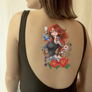 Tattooed Redhead Woman Sleeves Purple Temporary Tattoos