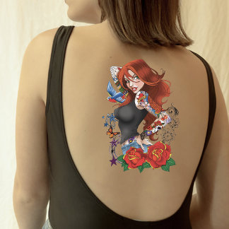 Tattooed Redhead Woman Sleeves Purple Temporary Tattoos
