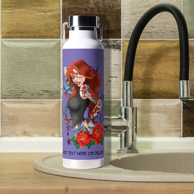 Tattooed Redhead Woman Sleeves Purple Water Bottle (Creator Uploaded)