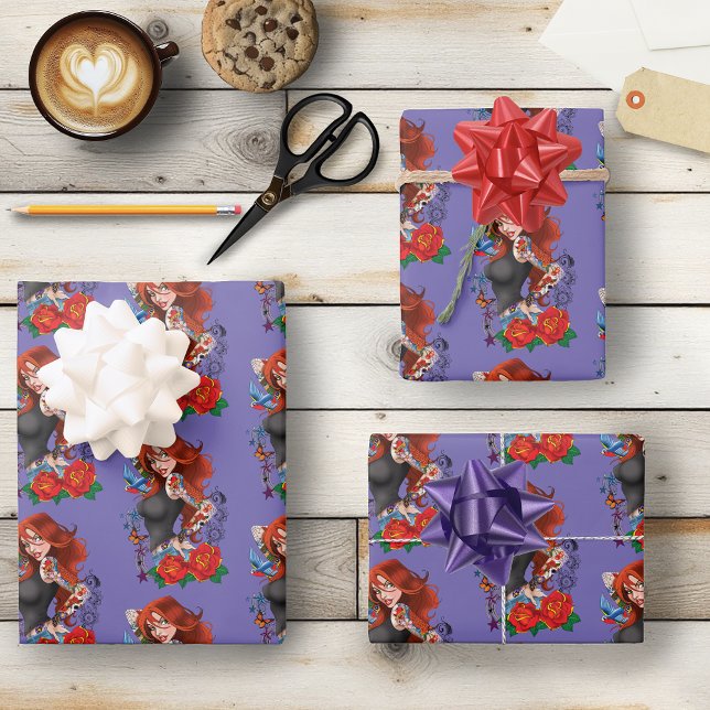 Tattooed Redhead Woman Sleeves Purple Wrapping Paper Sheets (Creator Uploaded)