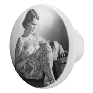 Tattooed Sailor Girl Vintage B&W photo Ceramic Knob