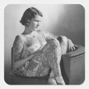 Tattooed Sailor Girl Vintage B&W photo Square Sticker