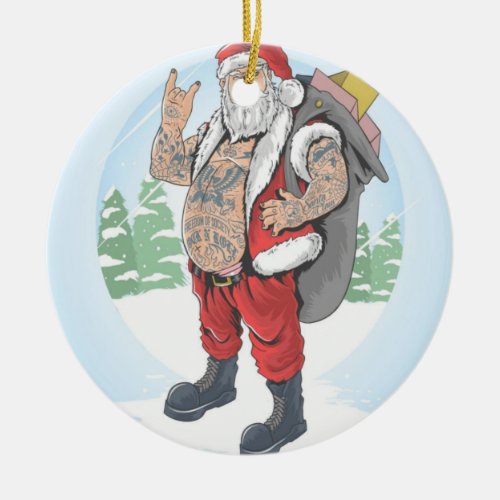 TATTOOED SANTA CLAUS CARRIES A GIFT BAG CERAMIC ORNAMENT