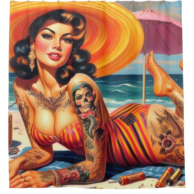 Tattooed Summer Pin-up Shower Curtain (Front)