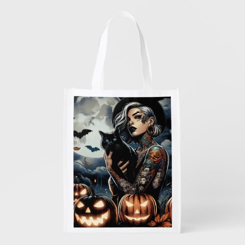 Tattooed Witch and Black Cat Full Moon Halloween Grocery Bag