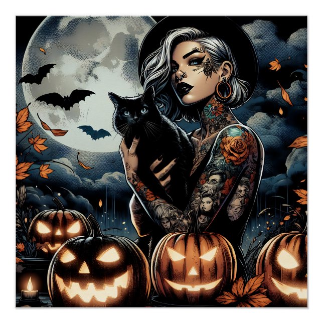 Tattooed Witch with Black Cat and Full Moon Poster (Front)