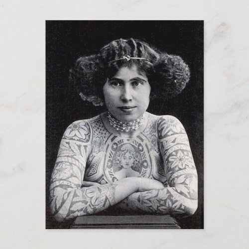 Tattooed Women Vintage black  white photo  Postca Postcard