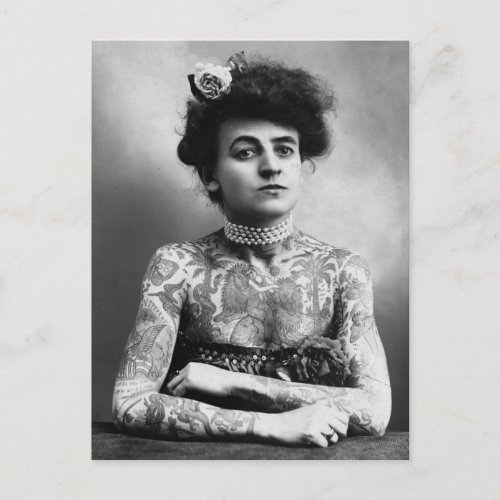 Tattooed Women Vintage black  white photo Postcard