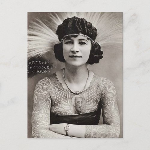 Tattooed Women Vintage black  white photo Postcard