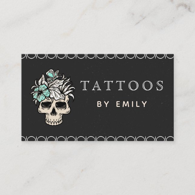 Tattoos By Your Name Floral Skull Butterfly Trendy Business Card (Front)