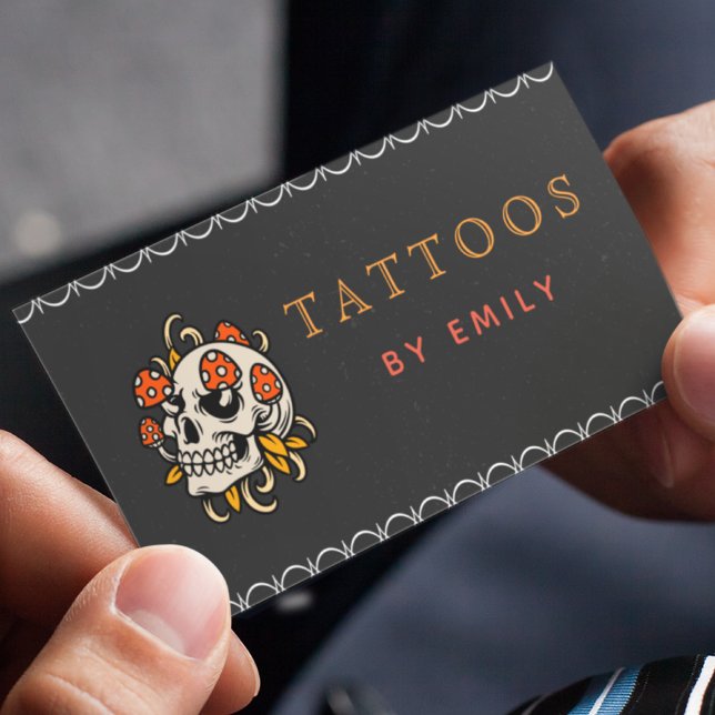 Tattoos By Your Name Funny Skull Mushrooms Gothic Business Card (Creator Uploaded)
