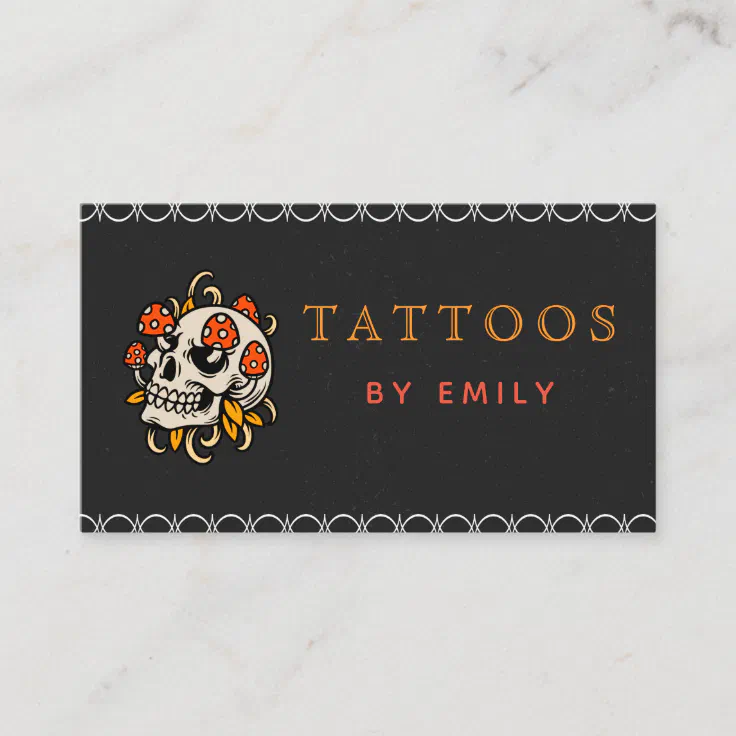 Tattoos By Your Name Funny Skull Mushrooms Gothic Business Card | Zazzle