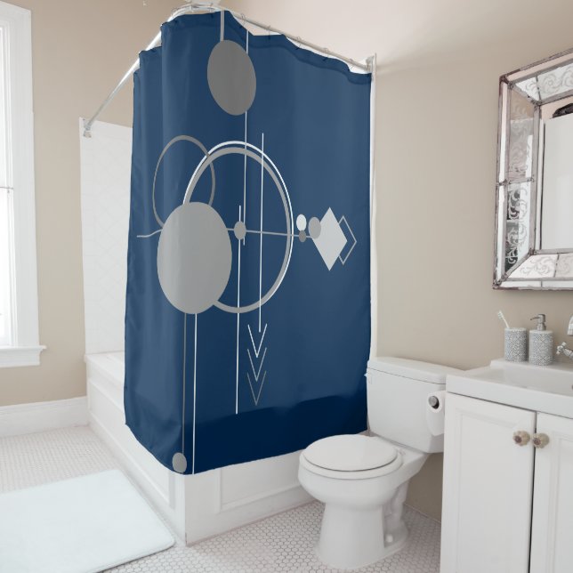 Tattoos Line Art | Abstract Navy Blue Dark Gray Shower Curtain (In Situ)