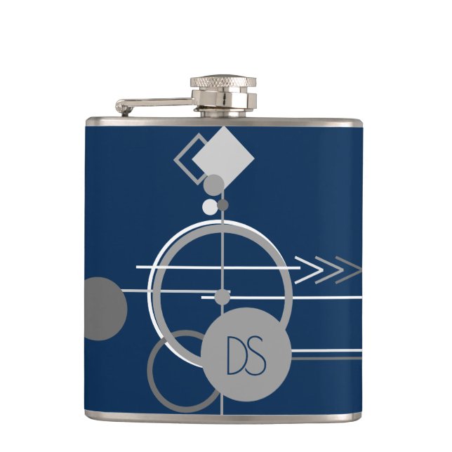 Tattoos Line Art | Abstract Navy Blue Gray Custom Flask (Front)