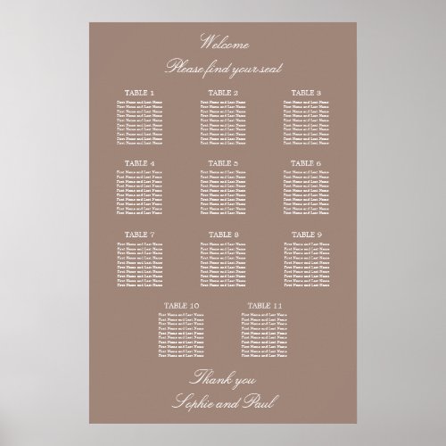 Taupe 11 Table Wedding Seating Chart Poster