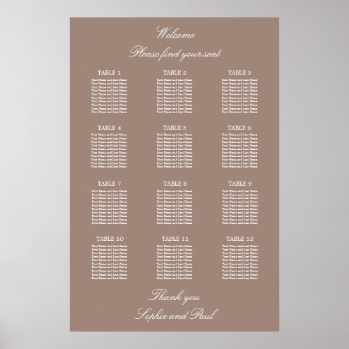 Taupe 12 Table Wedding Seating Chart Poster