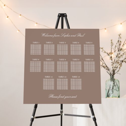 Taupe 13 Table Wedding Seating Chart Foam Board