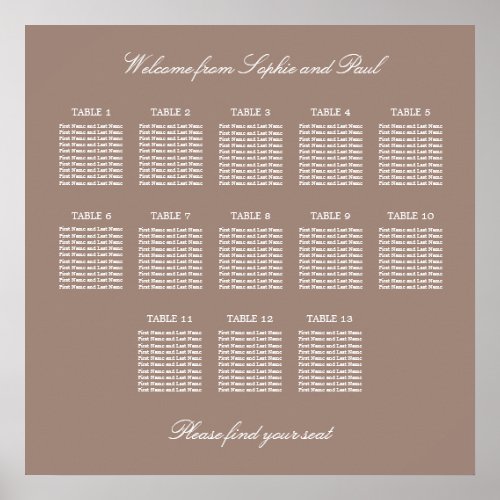 Taupe 13 Table Wedding Seating Chart Poster