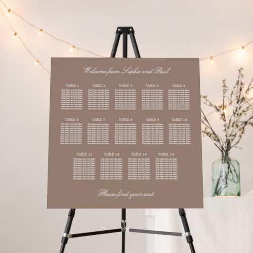 Taupe 14 Table Wedding Seating Chart Foam Board