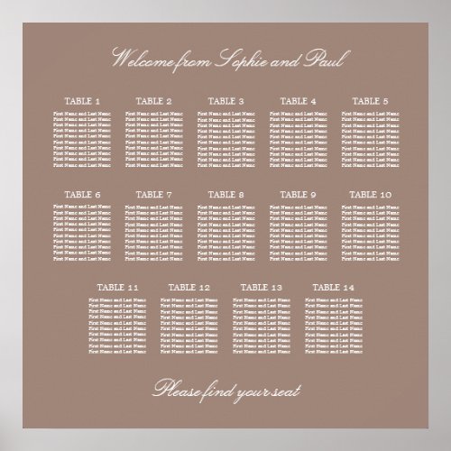 Taupe 14 Table Wedding Seating Chart Poster